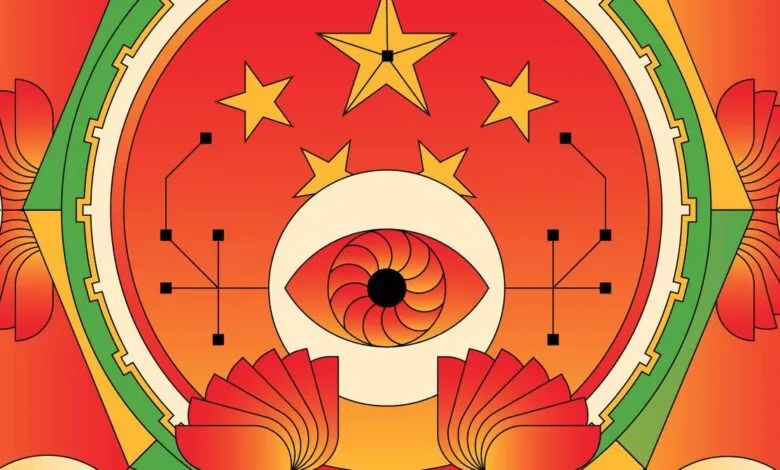 Abstract geometric design with eye, stars, and circuit board elements.