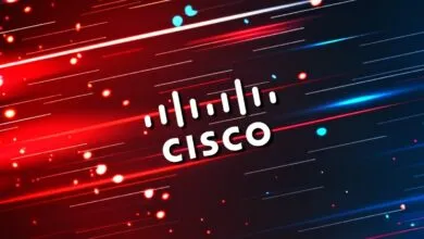 Cisco logo on a dynamic background with red and blue light streaks.