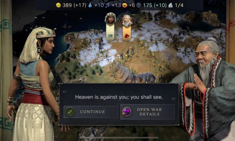 Civilization VI screenshot shows Cleopatra and a Chinese leader declaring war.