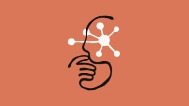 Abstract line art of face and hand with molecular structure.