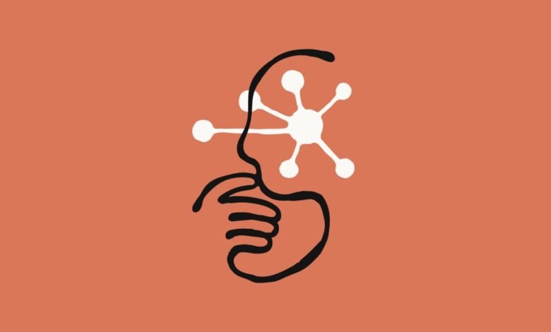 Abstract line art of face and hand with molecular structure.