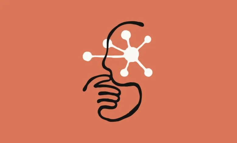 Abstract line art of face and hand with molecular structure.