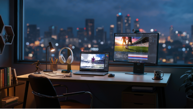 Desk with laptop, monitor displaying soccer footage, headphones, and city view.