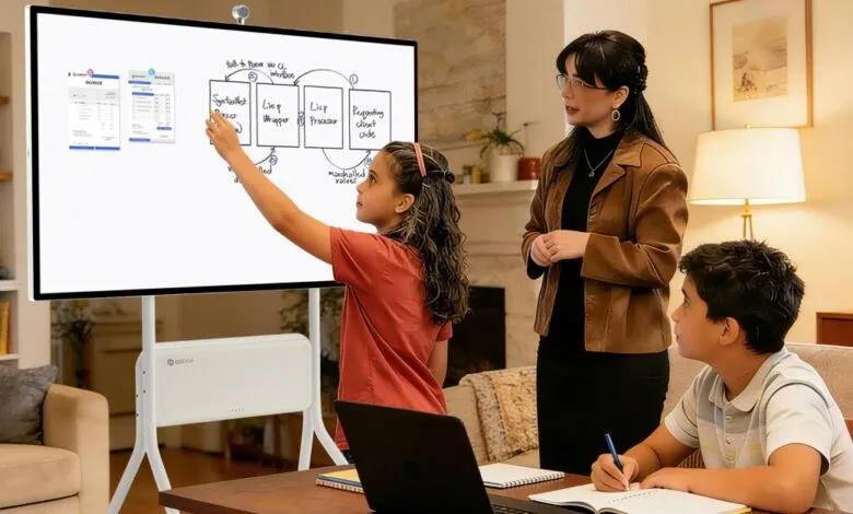 Girl points to whiteboard with diagram as teacher and boy observe.