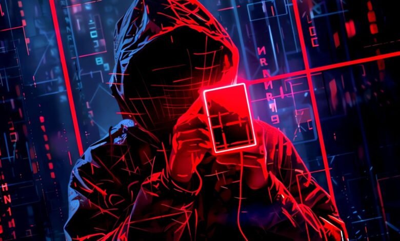 Person in hoodie holds glowing card against a digital background.