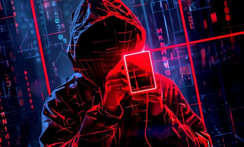 Person in hoodie holds glowing card against a digital background.