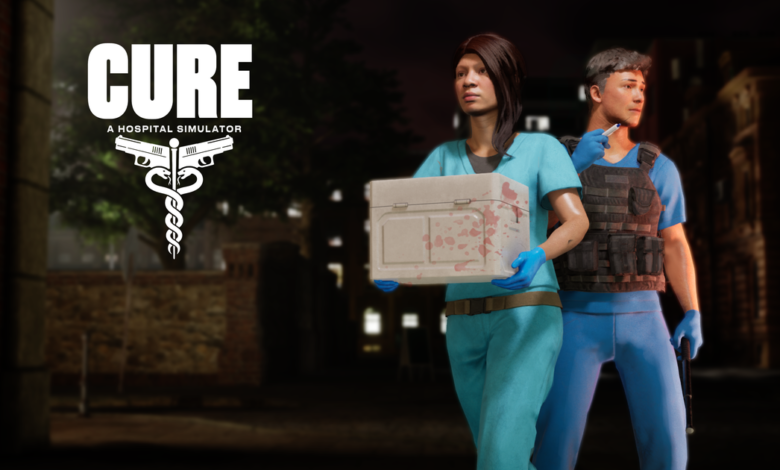 Two medical professionals stand ready, one holding a blood-stained container.