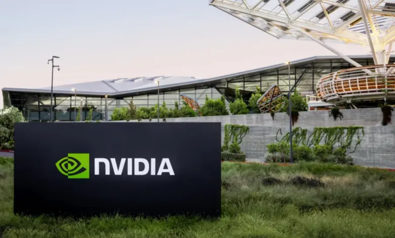 NVIDIA headquarters building with company logo sign in foreground.