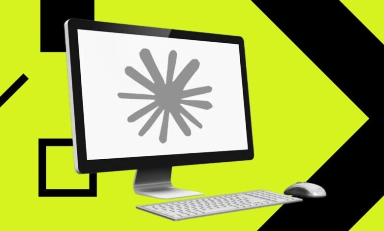 Computer with keyboard and mouse on a bright yellow and black background.