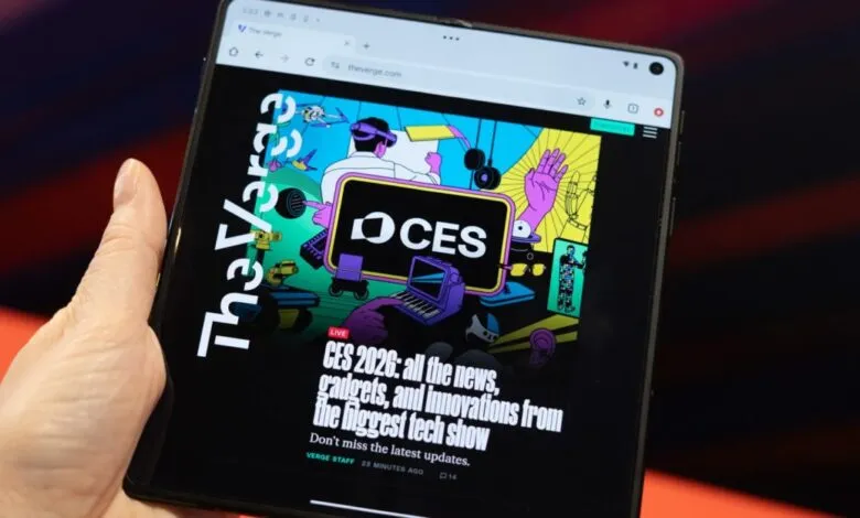 Foldable phone displaying The Verge's CES 2026 coverage.