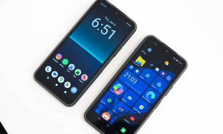 Two smartphones, one showing Android and the other Windows-themed interface.