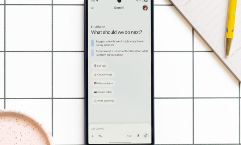 Gemini AI app on a smartphone screen with suggested actions.