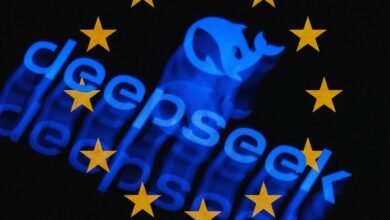 DeepSeek logo with EU stars on a black background.