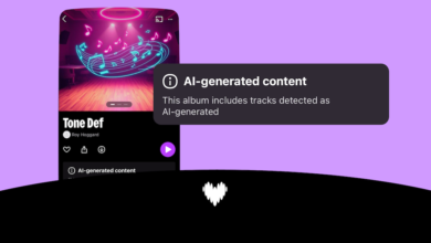 Deezer app interface showing AI-generated content warning on an album.