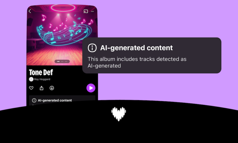 Deezer app interface showing AI-generated content warning on an album.