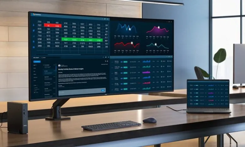 Dell UltraSharp monitor displaying financial data, laptop, keyboard, and mouse on a desk.