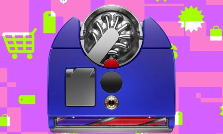 Dyson 360 Vis Nav robot vacuum on a shopping-themed background.