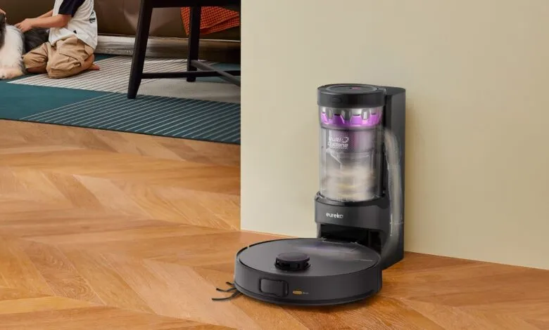 Eureka E10 Evo Plus robot vacuum with base station in a modern living room.