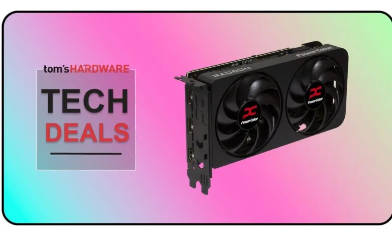 PowerColor Radeon graphics card on a tech deals background.