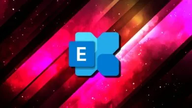 Microsoft Exchange logo on a vibrant, colorful background.