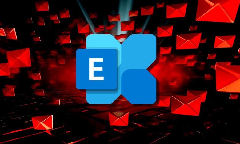 Microsoft Exchange logo with floating red email icons on a dark background.