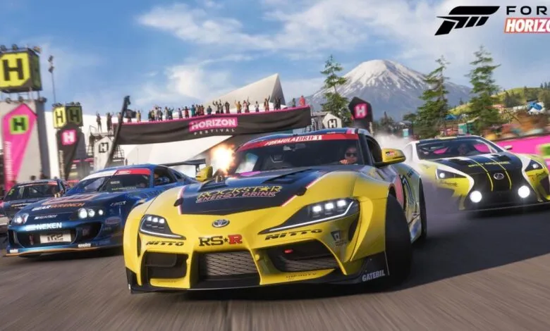 Forza Horizon 6 racing game scene with three cars drifting on a track.