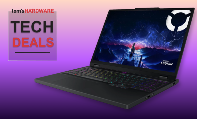 Lenovo Legion laptop on a purple background with 'Tech Deals' graphic.