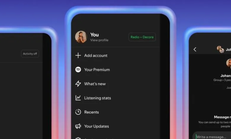 Screenshots of Spotify mobile app showing profile, settings, and group listening features.