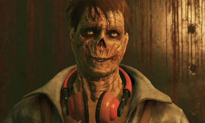 Ghoul character from Fallout 76 with headphones around his neck.
