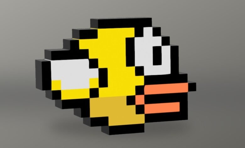 Pixelated Flappy Bird character with yellow body, black outline, and orange beak.