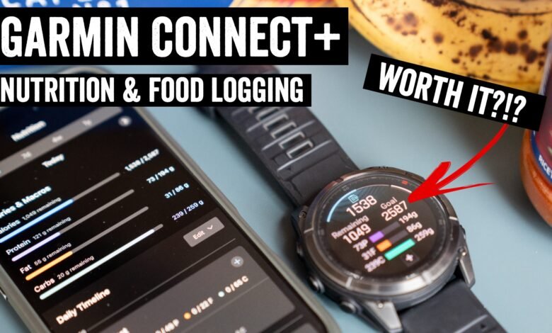 Garmin Connect+ nutrition and food logging displayed on phone and watch.