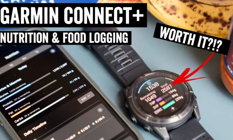 Garmin Connect+ nutrition and food logging displayed on phone and watch.