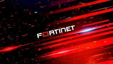 Fortinet logo on a dynamic red and black abstract background.