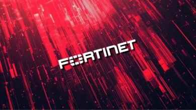 Fortinet logo in white against a red and black abstract background.