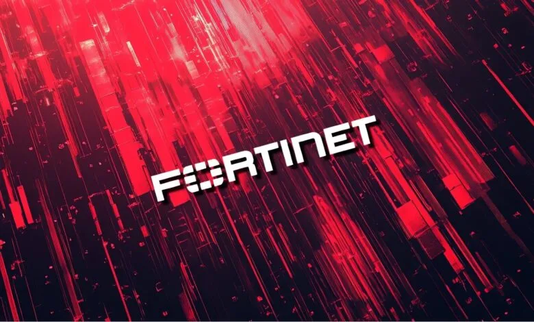 Fortinet logo in white against a red and black abstract background.