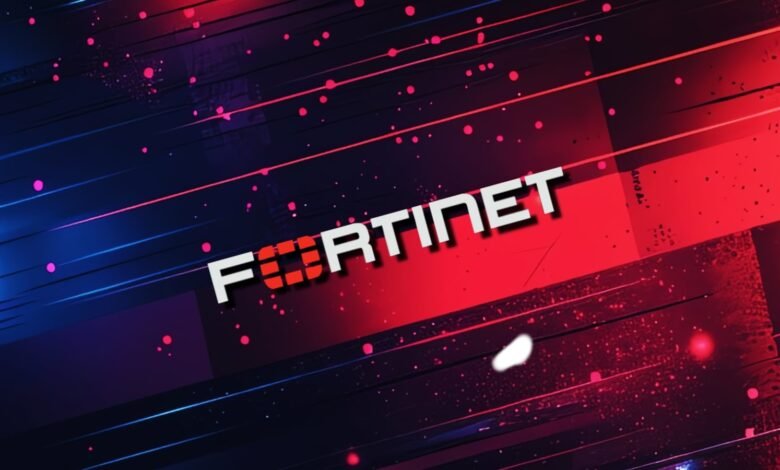 Fortinet logo on a dynamic red and blue abstract background.