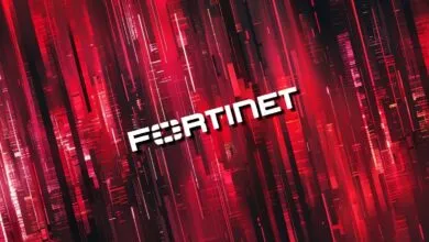 Fortinet logo on a red and black abstract background.