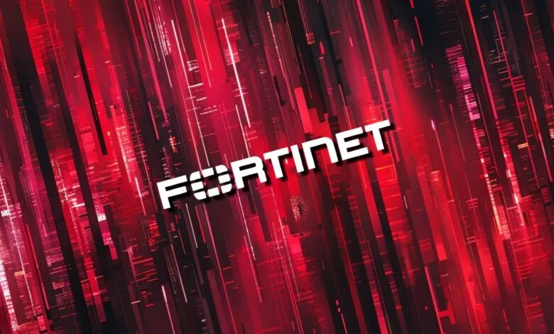 Fortinet logo on a red and black abstract background.