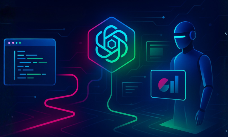 Abstract image of AI agent with code, OpenAI logo, and data visualization.