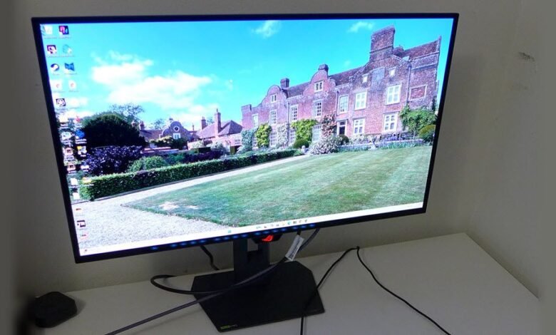 Computer monitor displaying a large brick house with green lawn.