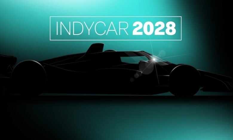 IndyCar 2028 concept car silhouette against teal background.