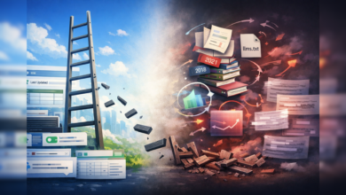 Ladder leading from digital data to books/charts, representing data transformation.