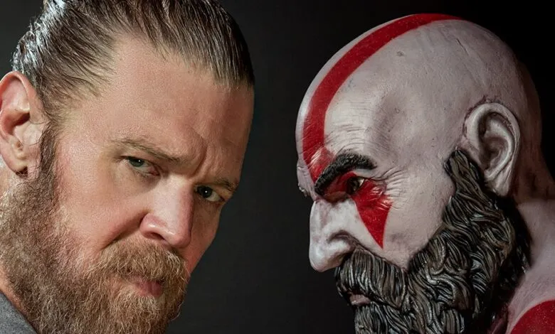 Christopher Judge and Kratos face off in intense portrait.