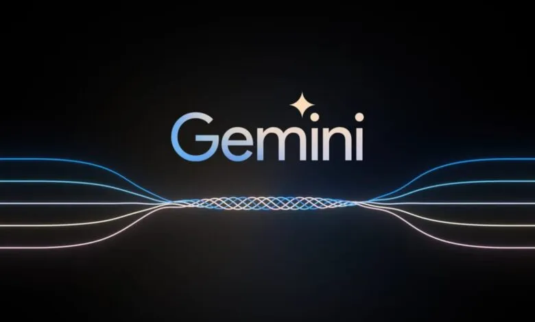 Gemini logo with glowing lines on a dark background.