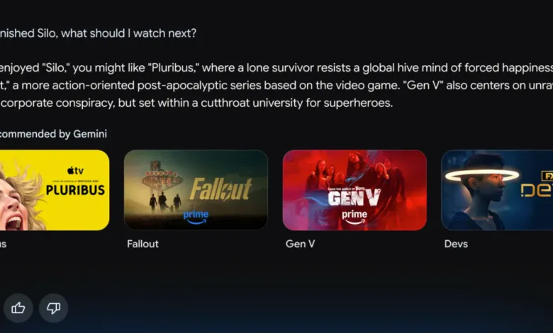 Gemini recommends shows like Pluribus, Fallout, Gen V, and Devs after watching Silo.