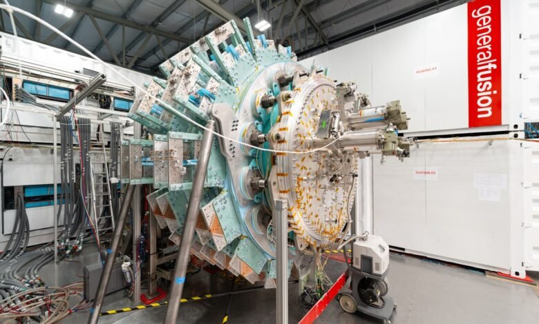 General Fusion's large metal fusion machine with complex wiring and components.