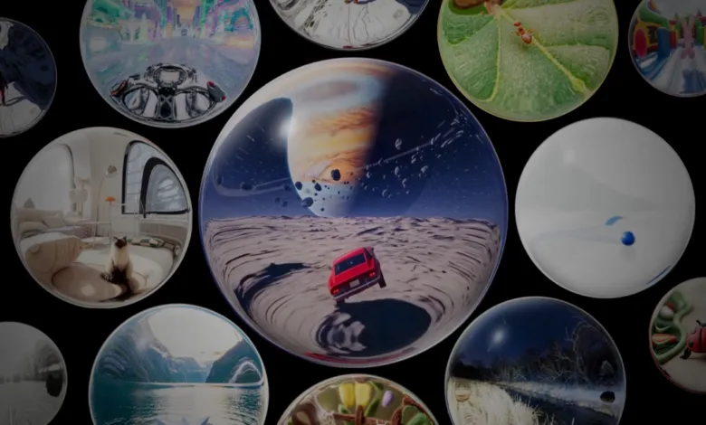 Collection of reflective spheres showing various scenes and landscapes.