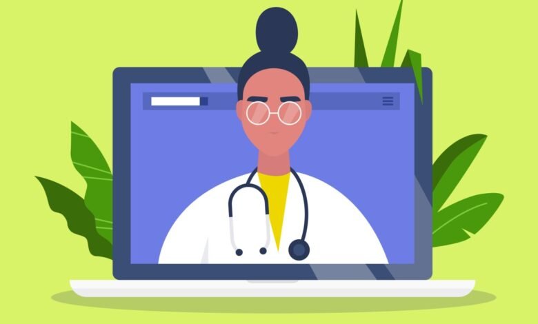 Doctor on laptop screen offering telehealth services.
