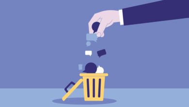 Hand throwing chat bubbles into a yellow trash can, symbolizing communication issues.