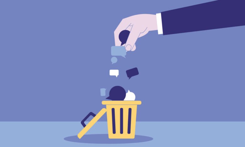 Hand throwing chat bubbles into a yellow trash can, symbolizing communication issues.